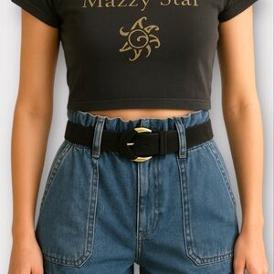 Vintage 90s Black Suede Belt with Gold Half Wrapped Buckle